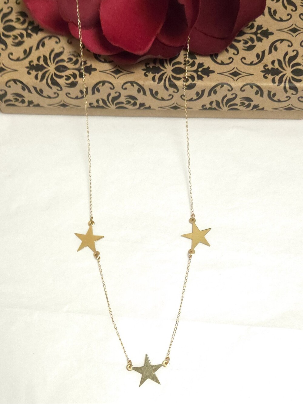 14K Gold Triple Star Dangle Necklace Marked 14K
